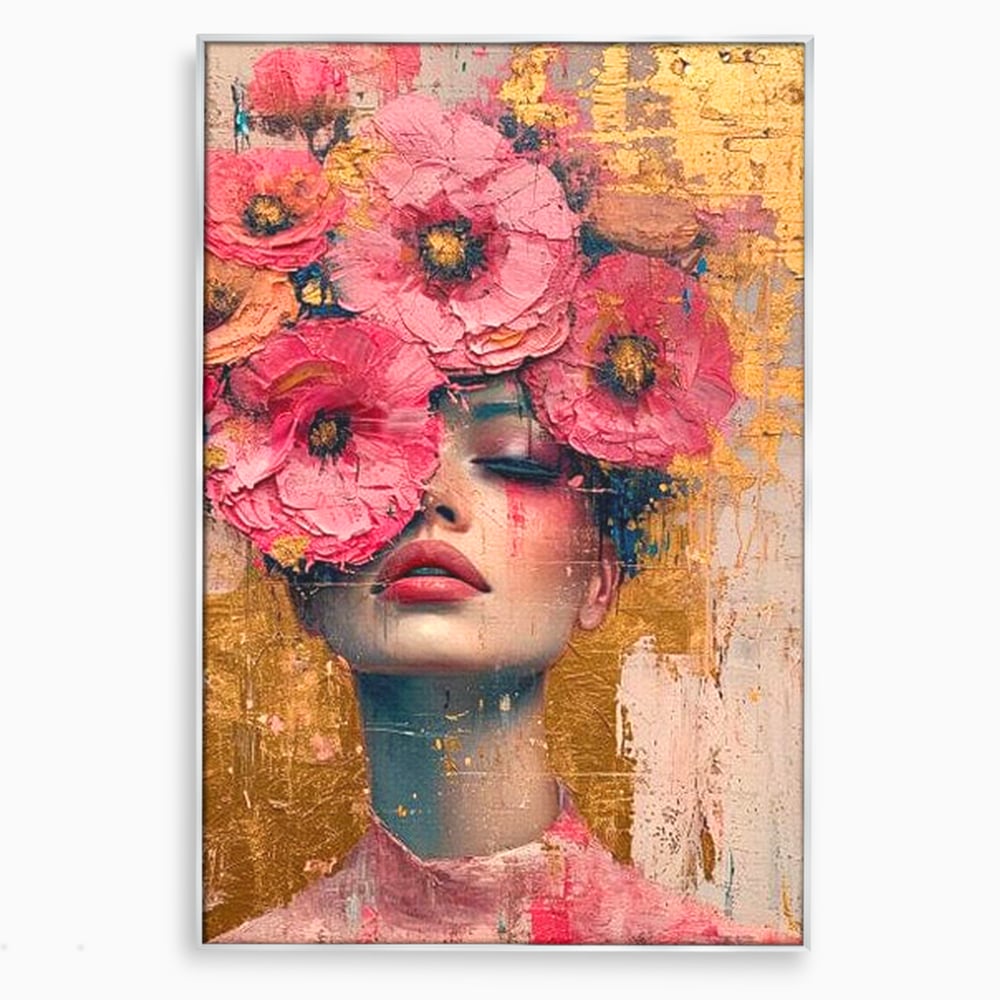 Tablou canvas cu tablou canvas cu portret de femeie si flori roz, in rama de aluminiu argintiu